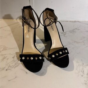 Francesca's Collections Black Heeled Sandals with Gold Strap